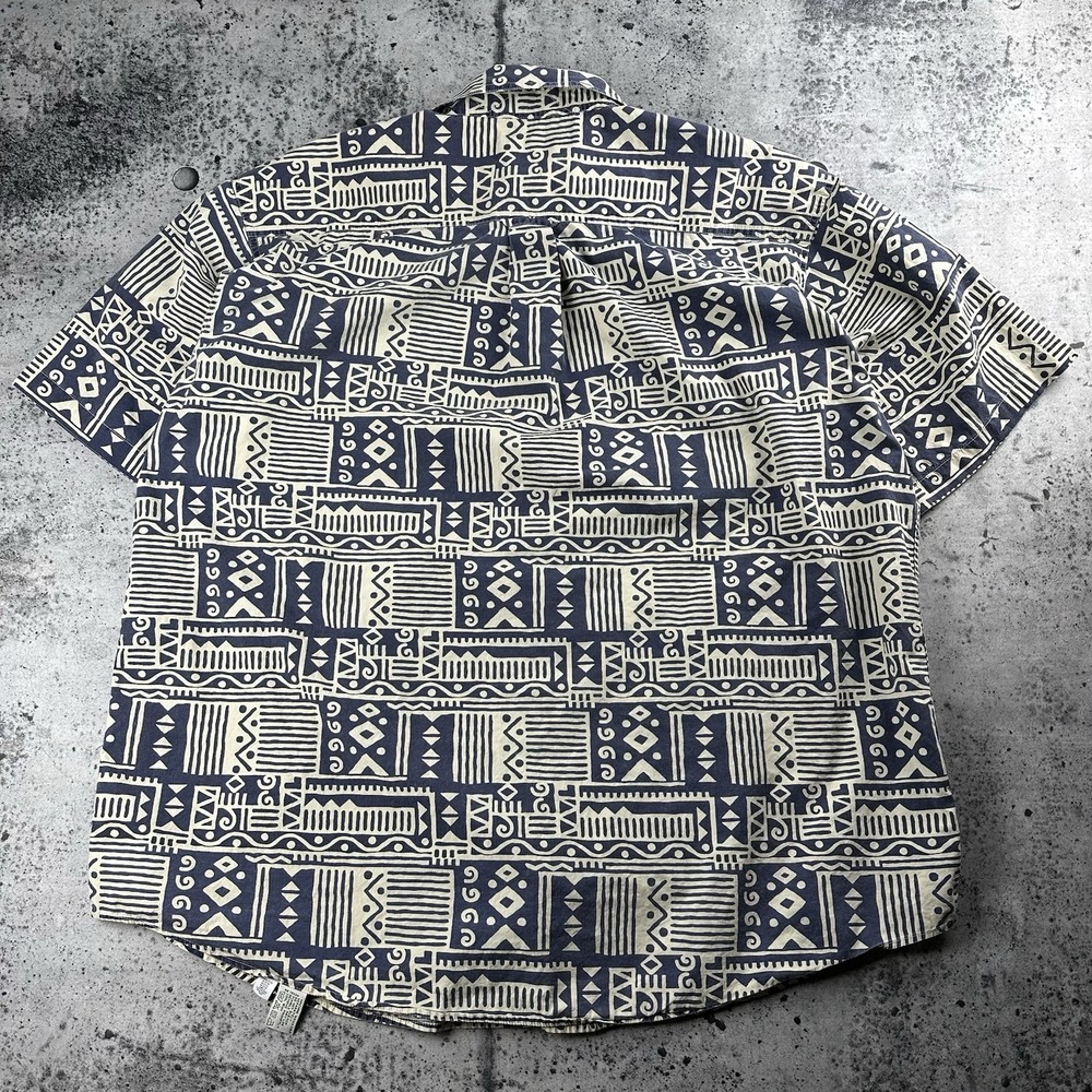 VTG 90s Orvis Shirt Men Large Polynesian Hawaiian Button Up Camp Gray Tan Beach - Picture 5 of 7